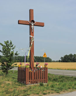 Przydrożny krzyż drewniany. Wojciechów, gmina Wyśmierzyce, powiat białobrzeski.