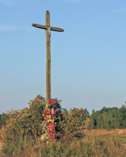 Krzyż przy drodze do Dąbrowy Kozłowskiej. Kozłów, gmina Jastrzębia, powiat radomski.