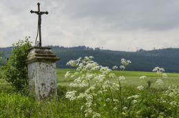 Stary, pochylony krzyż przydrożny, metalowy na kamiennym postumencie. Olszyny, gmina Kamienna Góra, powiat kamiennogorski.