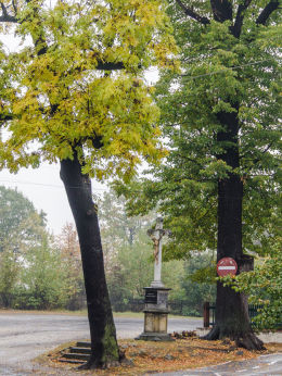 Przydrożny krzyż kamienny na skwerze w pobliżu kościoła Przemienienia Pańskiego. Lutomia Dolna, gmina Świdnica, powiat świdnicki.