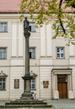Kolumna św. Floriana z 1684 r. stojąca na dziedzińcu katedry św. Stanisława i św. Wacława. Świdnica, powiat świdnicki.