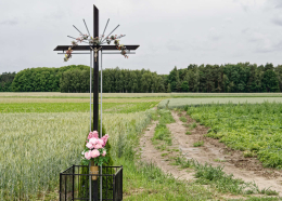 Przydrożny krzyż metalowy. Drużbin, gmina Pęczniew, powiat poddębicki, woj. Łódzkie.