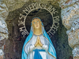 Fragment groty z figurą Matki Bożej. Dobra, gmina Stryków, powiat zgierski, woj. Łódzkie.