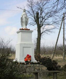 Figura Matki Bożej przy drodze do zespołu dworskiego. Jastrzębia, gmina Mogielnica, powiat grójecki.