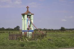 Przydrożna kapliczka z 1953 r. przy drodze do Komorowa. Zagórze, gmina Wieniawa, powiat przysuski.