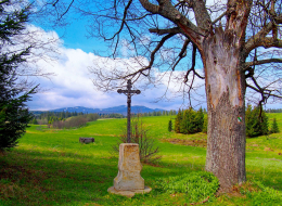 Przydrożny krzyż metalowy na kamiennym postumencie. Beniowa, gmina Lutowiska. powiat bieszczadzki.