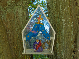 Fragment przydrożnej kapliczki na drzewie przy jeziorze Mylof. Duża Klonia, gmina Czersk. powiat chojnicki, woj.pomorskie.