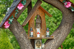 Fragment przydrożnej kapliczki na drzewie. Ostrowy nad Okszą, gmina Miedźno, powiat kłobucki, woj. Śląskie.