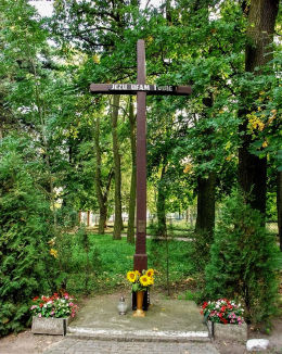 Krzyż w parku dworskim, obok kościoła Katarzyny Sieneńskiej. Choryń, gmina Kościan, powiat kościański.