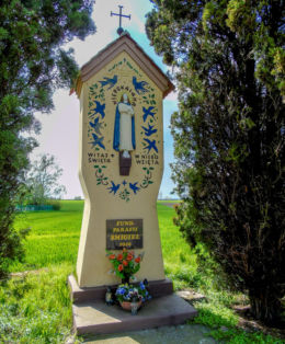 Przydrożna kapliczka Matki Boskiej przy drodze do Sierpowa. Górka Duchowna, gmina Lipno, powiat leszczyński.