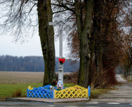 Krzyż przydrożny z figurką Matki Boskiej. Pakosław, gmina Lwówek, powiat nowotomyski.