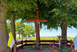 Przydrożny krzyż drewniany. Konarskie, gmina Książ Wielkopolski, powiat Śremski, woj. wielkopolskie.