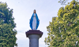 Fragment przydrożnej kapliczki kolumnowej z figurą Matki Bożej. Marianowo, gmina Śrem, powiat Śremski, woj. wielkopolskie.