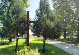 Krzyż drewniany na obrzeżu parku dworskiego. Zaborowo, gmina Książ Wielkopolski, powiat Śremski, woj. wielkopolskie.