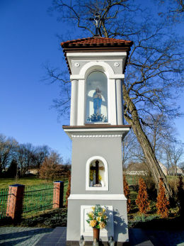 Kapliczka przydrożna z figurą Matki Boskiej. Tłoki, gmina Wolsztyn, powiat wolsztyński.