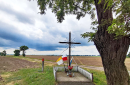 Krzyż metalowy stojący na rozstaju dróg. Gorzyce, gmina Miłosław, powiat wrzesiński, woj. wielkopolskie.