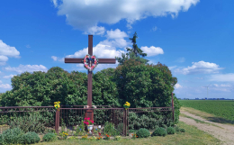 Krzyż drewniany stojący na skraju wsi. Osowo, gmina Września, powiat wrzesiński, woj. wielkopolskie.